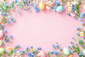 Pink Easter Background for PowerPoint with Colorful Flowers and Easter Eggs