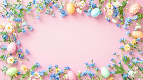 Pink Easter Background for PowerPoint with Colorful Flowers and Easter Eggs by SlidesCorner.com