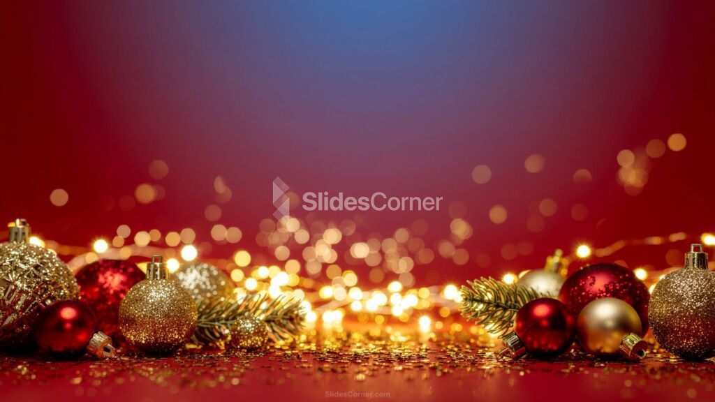 Red Christmas Background with Shiny Gold Ornaments and Christmas Tree Branches