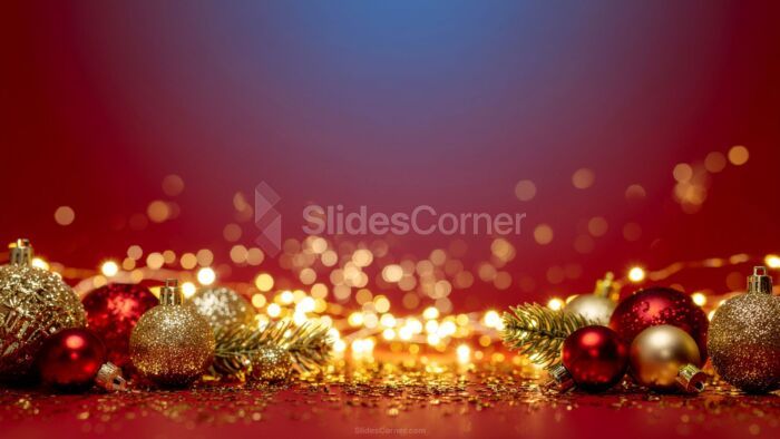 Red Christmas Background with Shiny Gold Ornaments and Christmas Tree Branches
