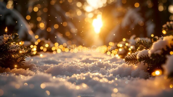 Snow Background with Trees and Sparks of Golden Lights