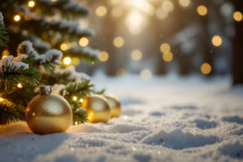 Snowy Christmas Background with Bokeh Lights and Golden Decorations