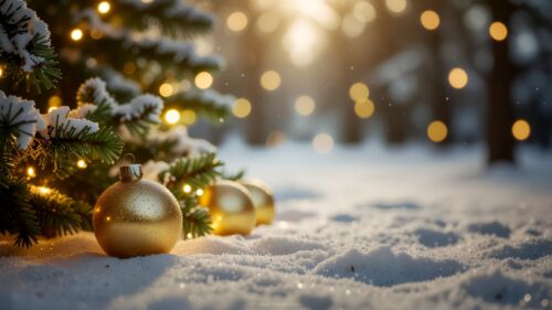 Snowy Christmas Background with Bokeh Lights and Golden Decorations by SlidesCorner.com