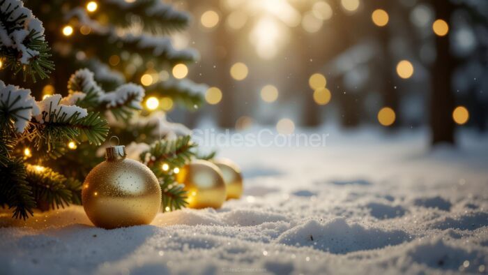 Snowy Christmas Background with Bokeh Lights and Golden Decorations