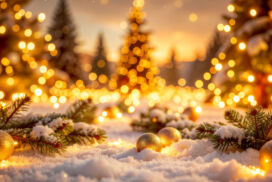 Snowy Christmas Background with Lights, Snowflakes and Christmas Balls