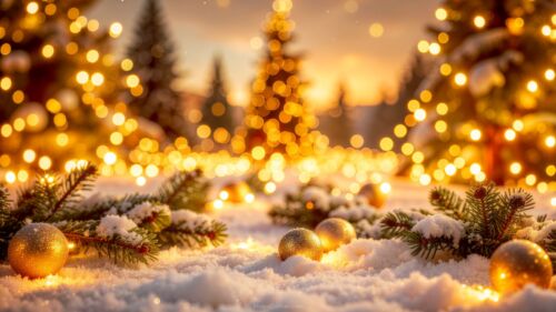 Snowy Christmas Background with Golden Lights, Snowflakes and Christmas Balls by SlidesCorner.com