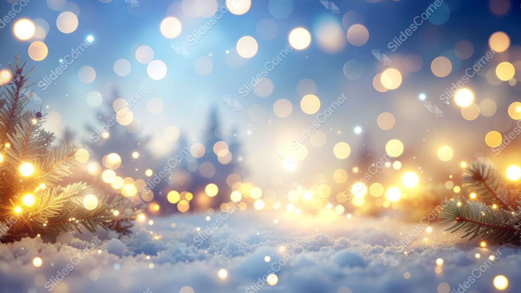 Snowy Christmas Background with Trees and Golden Bokeh Lights Snowy Christmas Background with Trees and Golden Bokeh Lights