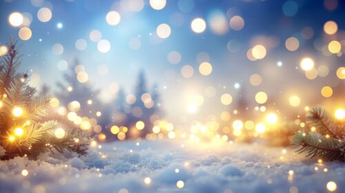 Snowy Christmas Background with Trees and Golden Bokeh Lights by SlidesCorner.com