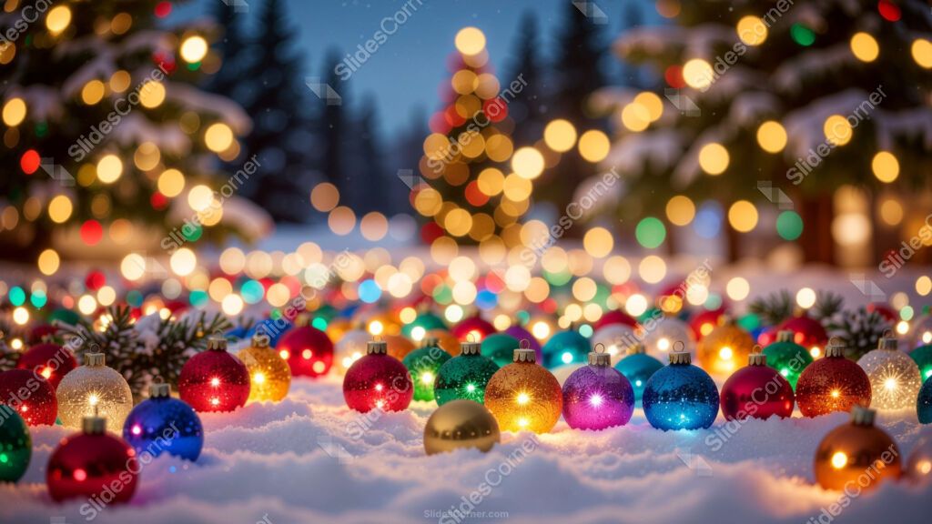 Snowy Winter Background with Trees, Lights and Colorful Christmas Balls Snowy Winter Background with Trees, Lights and Colorful Christmas Balls