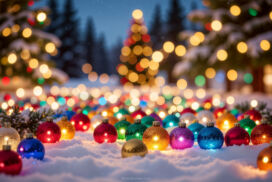 Snowy Winter Background with Trees, Lights and Colorful Christmas Balls