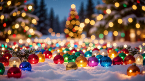 Snowy Winter Background with Trees, Lights and Colorful Christmas Balls