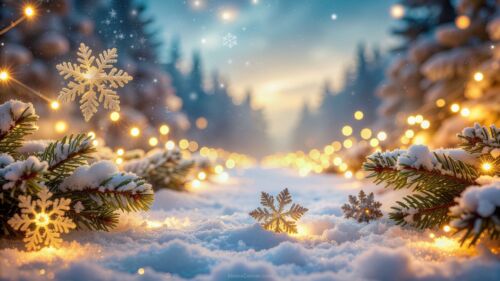 Snowy Winter Background with Trees, Lights, and Snowflakes by SlidesCorner.com