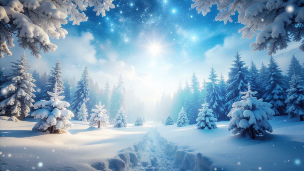 Snowy Winter PPT Background with Pine Trees in a Forest
