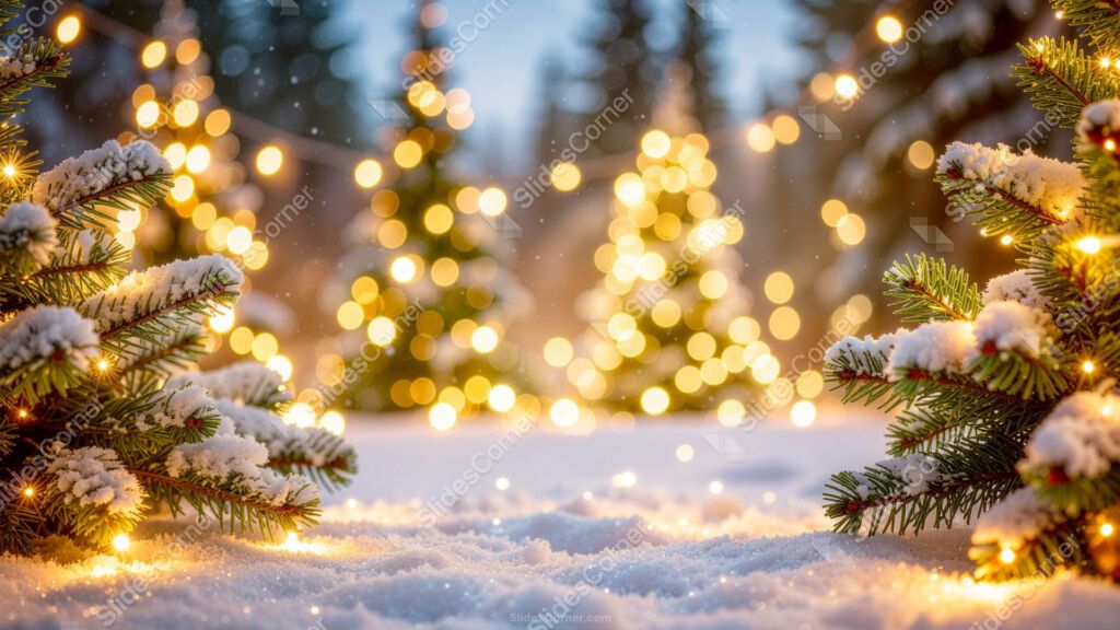 Winter Background with Snow, Golden Lights and Christmas Trees Winter Background with Snow, Golden Lights and Christmas Trees