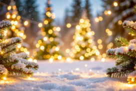 Winter Background with Snow, Golden Lights and Christmas Trees