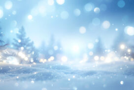 Winter Background with Snow, Snowflakes, Trees and Sparkling Bokeh Lights