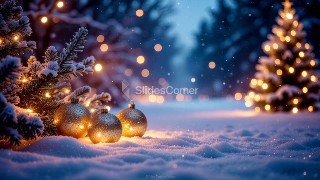 Winter Christmas Background with Snow, Trees with Lights and Golden Ornaments Winter Christmas Background with Snow, Trees with Lights and Golden Ornaments