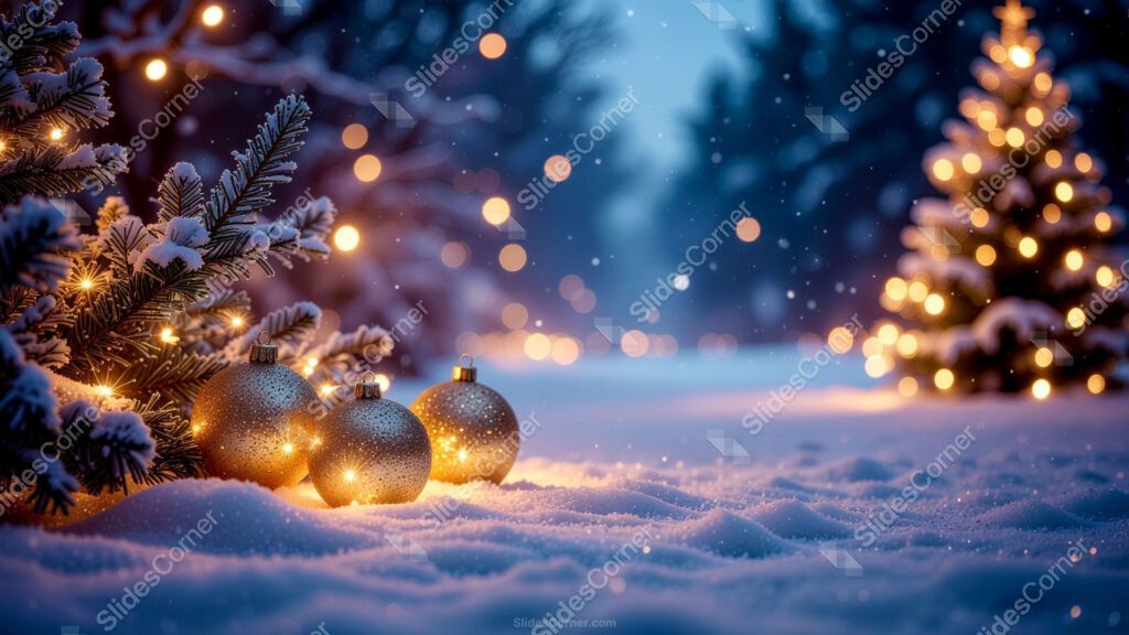 Winter Christmas Background with Snow, Trees with Lights and Golden Ornaments Winter Christmas Background with Snow, Trees with Lights and Golden Ornaments