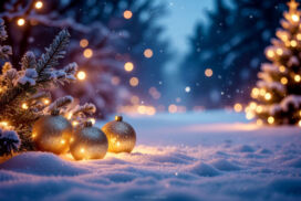 Winter Christmas Background with Snow, Trees with Lights and Golden Ornaments