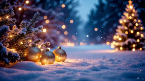 Winter Christmas Background with Snow, Trees with Lights and Golden Ornaments Winter Christmas Background with Snow, Trees with Lights and Golden Ornaments