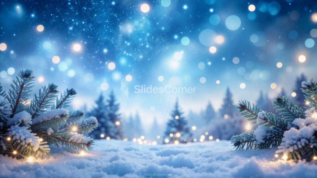 Winter Powerpoint Background with Snow, Snowflakes, Trees and Bokeh Lights