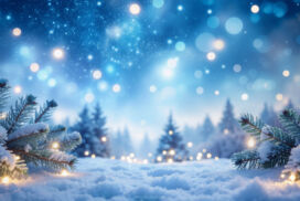 Winter Powerpoint Background with Snow, Snowflakes, Trees and Bokeh Lights