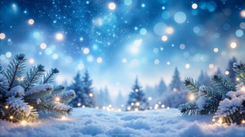 Winter Powerpoint Background with Snow, Snowflakes, Trees and Bokeh Lights by SlidesCorner.com