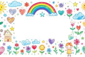 Aesthetic Back to School Background for Slides Drawing with Flowers and Rainbow