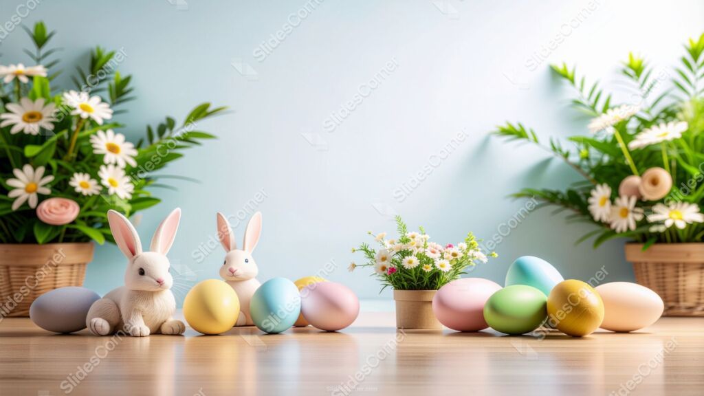 Aesthetic Easter Background with a Scene of Rabbits, Daisies and Eggs Aesthetic Easter Background with a Scene of Rabbits, Daisies and Eggs