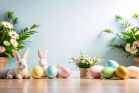 Aesthetic Easter Background with a Scene of Rabbits, Daisies and Eggs