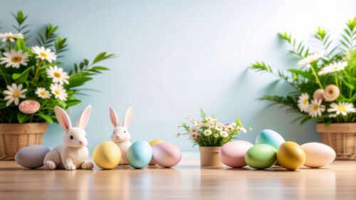 Aesthetic Easter Background with a Scene of Rabbits, Daisies and Eggs