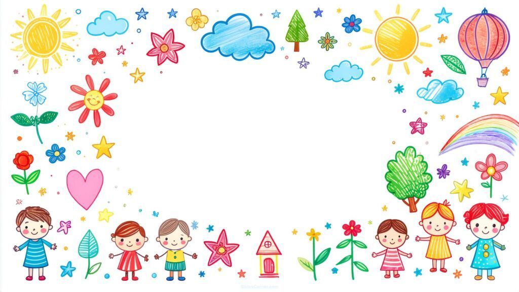 Aesthetic Kids Background for Slides with Pencil Drawings Frame
