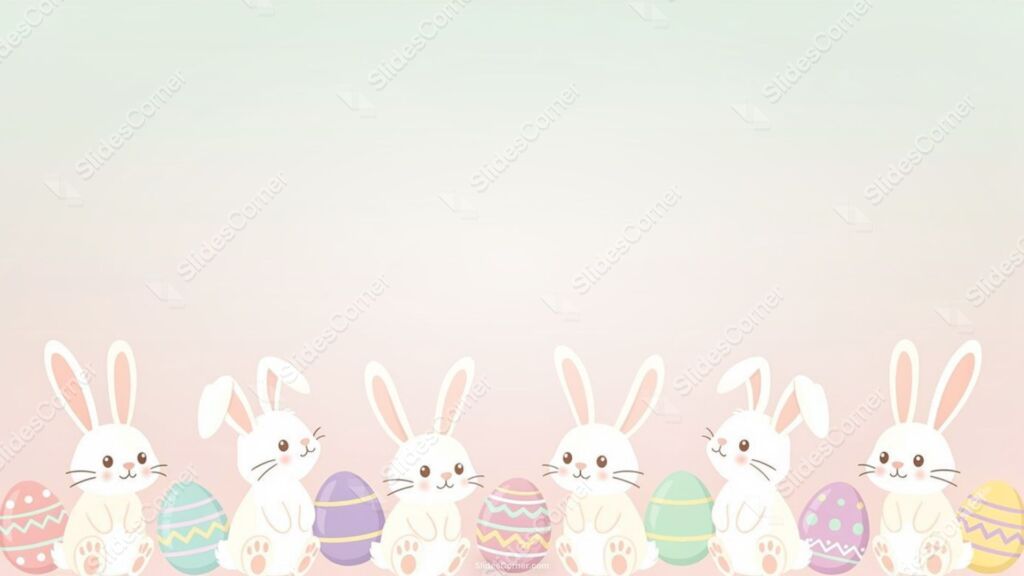 Easter Background with White Bunnies and Colorful Eggs Easter Background with White Bunnies and Colorful Eggs