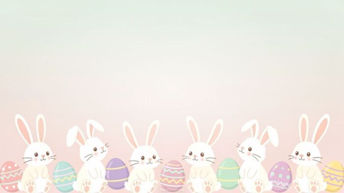 Easter Background with White Bunnies and Colorful Eggs Easter Background with White Bunnies and Colorful Eggs