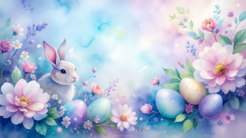 Easter PPT Background with Bunny, Flowers and Easter Eggs