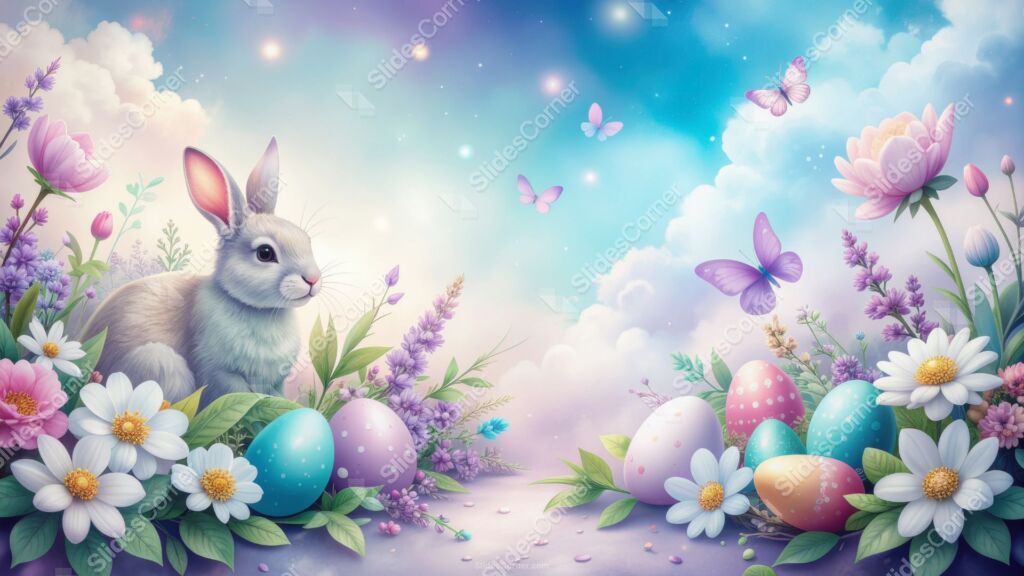 Easter PowerPoint Background with Bunny, Flowers, Butterflies and Eggs Easter PowerPoint Background with Bunny, Flowers, Butterflies and Eggs