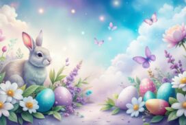 Easter PowerPoint Background with Bunny, Flowers, Butterflies and Eggs