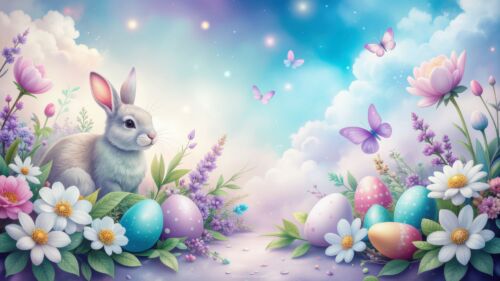 Easter PowerPoint Background with Bunny, Flowers, Butterflies and Eggs by SlidesCorner.com