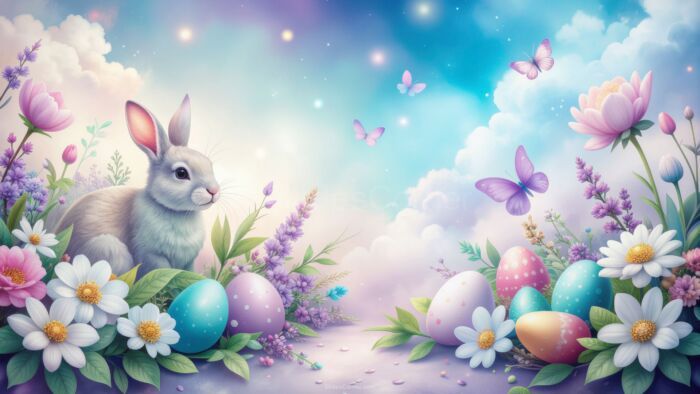 Easter PowerPoint Background with Bunny, Flowers, Butterflies and Eggs