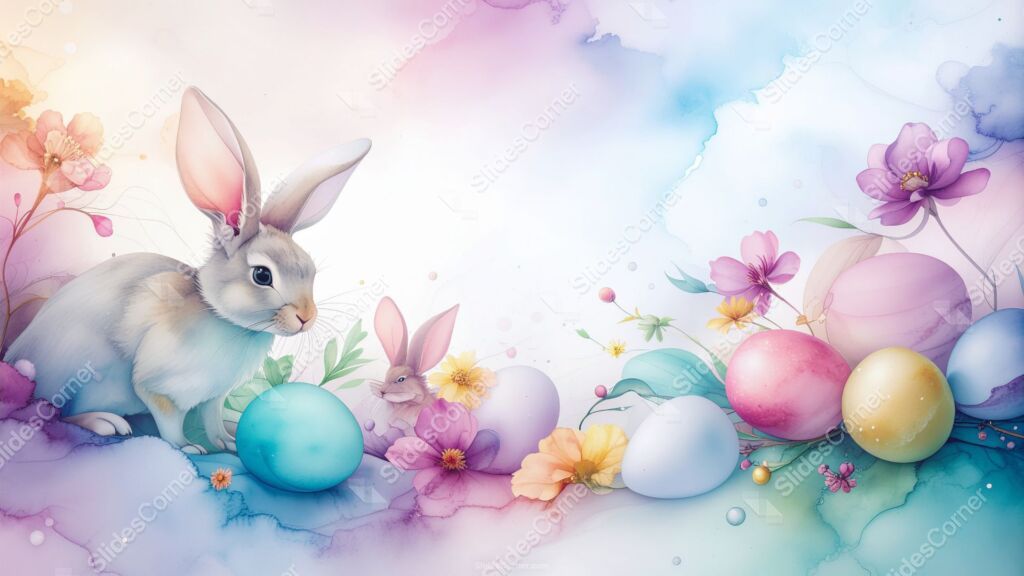 Easter PowerPoint Background with Watercolor Bunny, Flowers and Eggs Easter PowerPoint Background with Watercolor Bunny, Flowers and Eggs