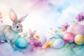 Easter PowerPoint Background with Watercolor Bunny, Flowers and Eggs