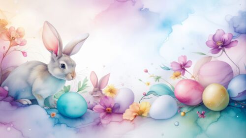 Easter PowerPoint Background with Watercolor Bunny, Flowers and Eggs Easter PowerPoint Background with Watercolor Bunny, Flowers and Eggs