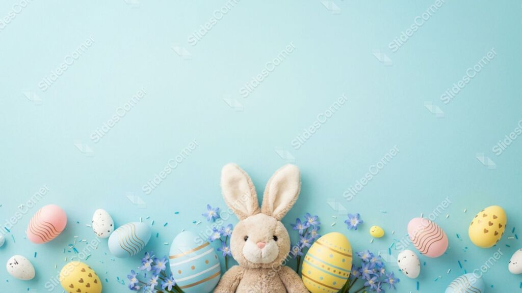 Light Blue Background for PPT with Bunny, Easter Eggs and Flowers Light Blue Background for PPT with Bunny, Easter Eggs and Flowers