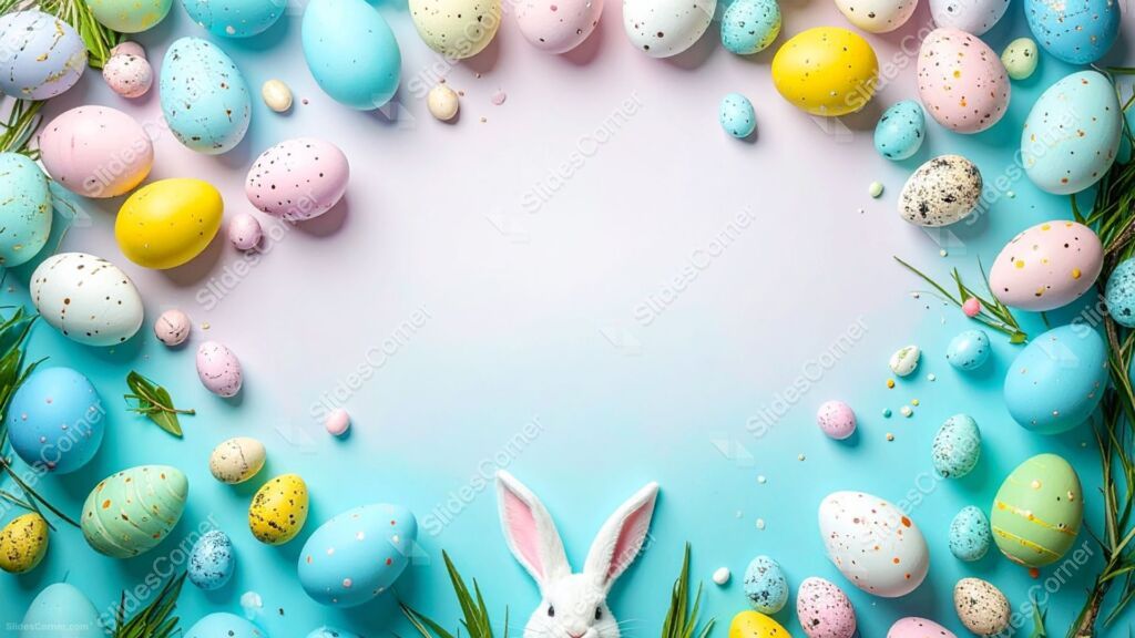 Light Blue Easter Background for PPT with Bunny and Pastel Eggs Light Blue Easter Background for PPT with Bunny and Pastel Eggs