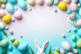Light Blue Easter Background for PPT with Bunny and Pastel Eggs