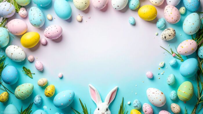 Light Blue Easter Background for PPT with Bunny and Pastel Eggs