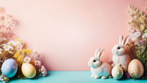 Pink Easter Background for PPT with Bunnies, Eggs and Flowers by SlidesCorner.com