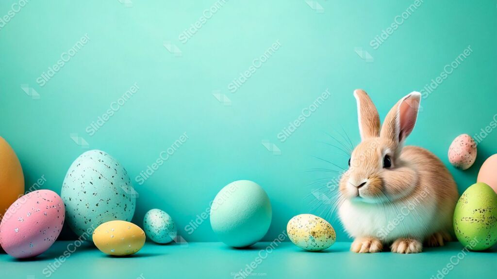 Turquoise Happy Easter Background with Bunny and Colorful Eggs Turquoise Happy Easter Background with Bunny and Colorful Eggs