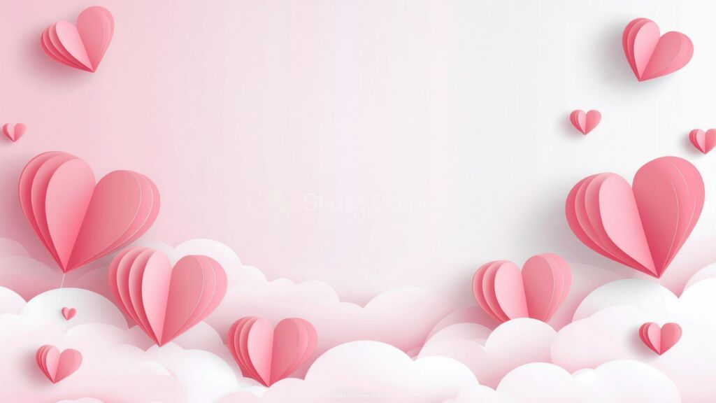 Valentine’s Day Background for PPT with Pink Paper Hearts and Clouds