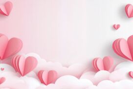 Valentine’s Day Background for PPT with Pink Paper Hearts and Clouds